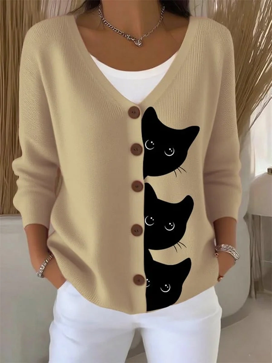 Women’s Cute Cat Print Casual Cardigan Khaki / S