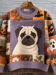 Women’s Fall Inspired Pug Felt Art Cozy Knit Sweater As picture / S