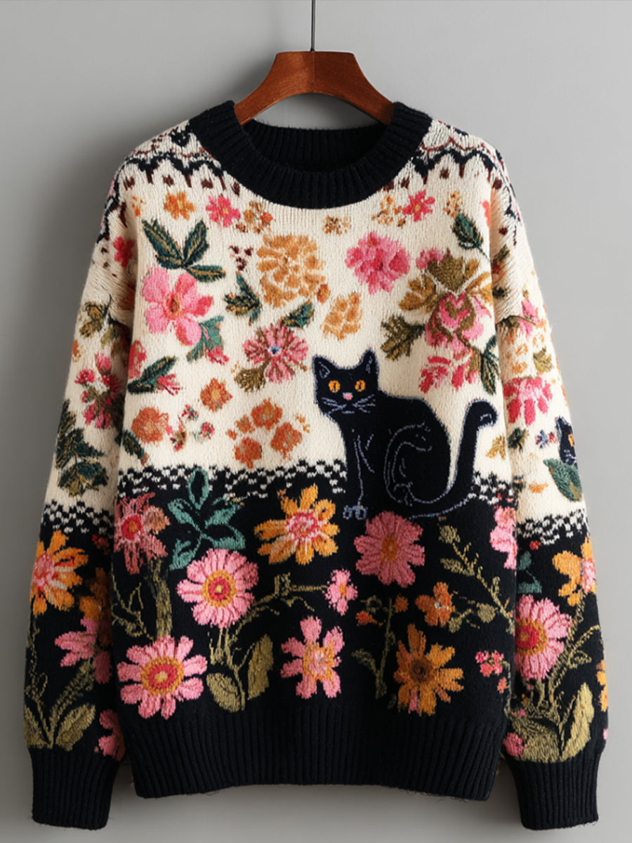 Women's Vintage Floral Kitten Art Print Sweater