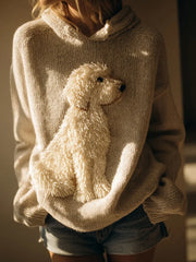 Women’s Funbibi Classic Fuzzy Labradoodle Dog Felt Cozy Knit Hooded Sweater White / S