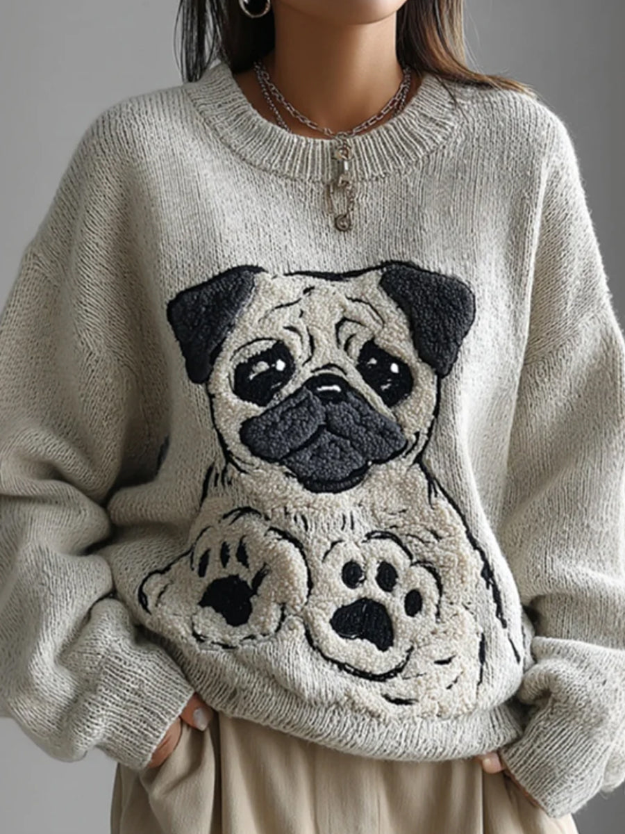Women’s Lovely Cute Pug Embroidery Art Loose Cozy Knit Sweater White / S