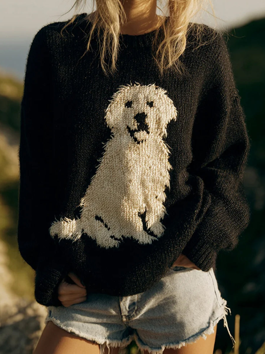 Women’s Classic Fuzzy Golden Retriever Dog Felt Cozy Knit Sweater Black / S