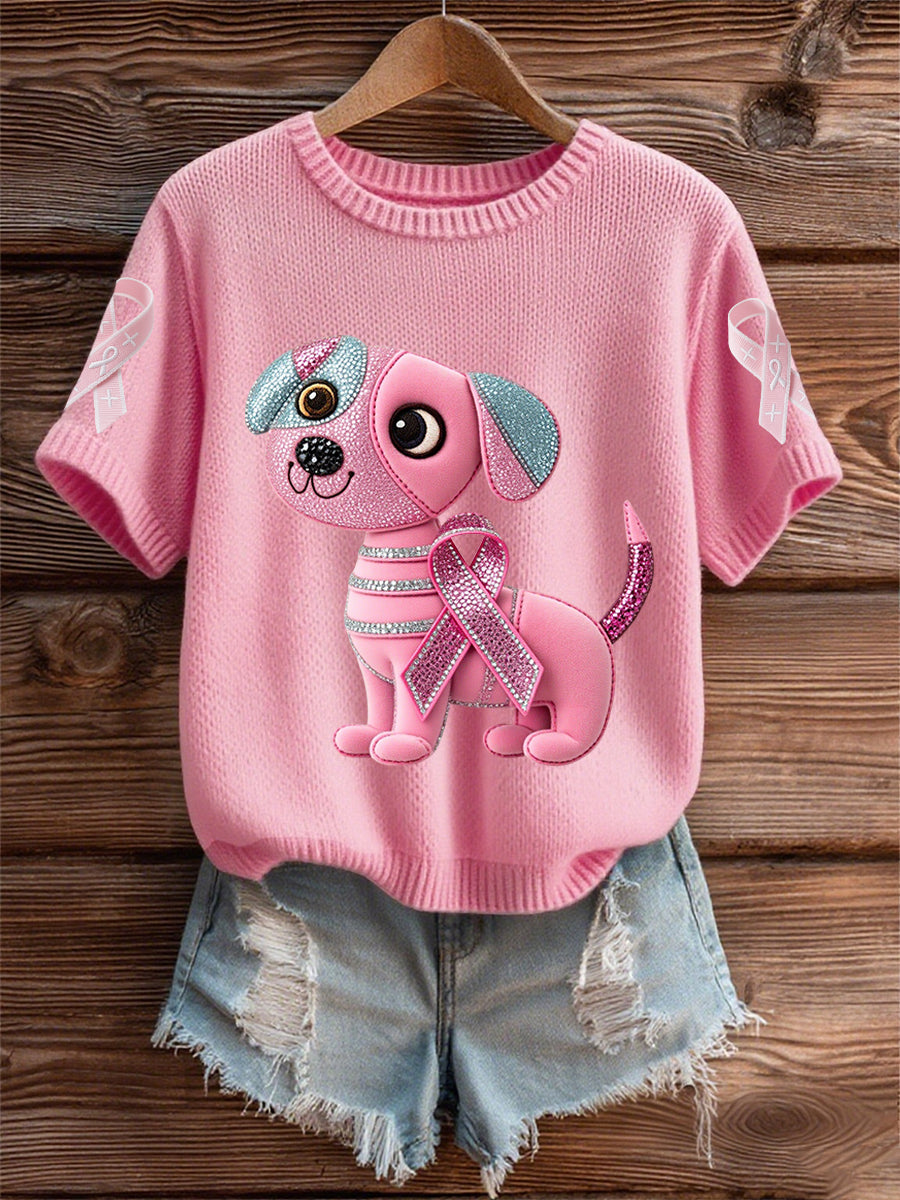 Women's Breast Cancer Awareness Support Pink Dog Pink Ribbon Print Short Sleeve Top