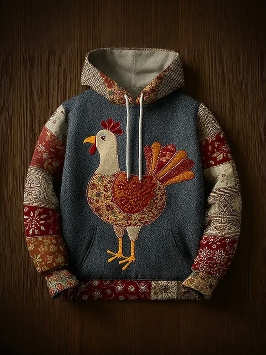 Vintage Thanksgiving Turkey Patchwork Print Art Casual Hoodie