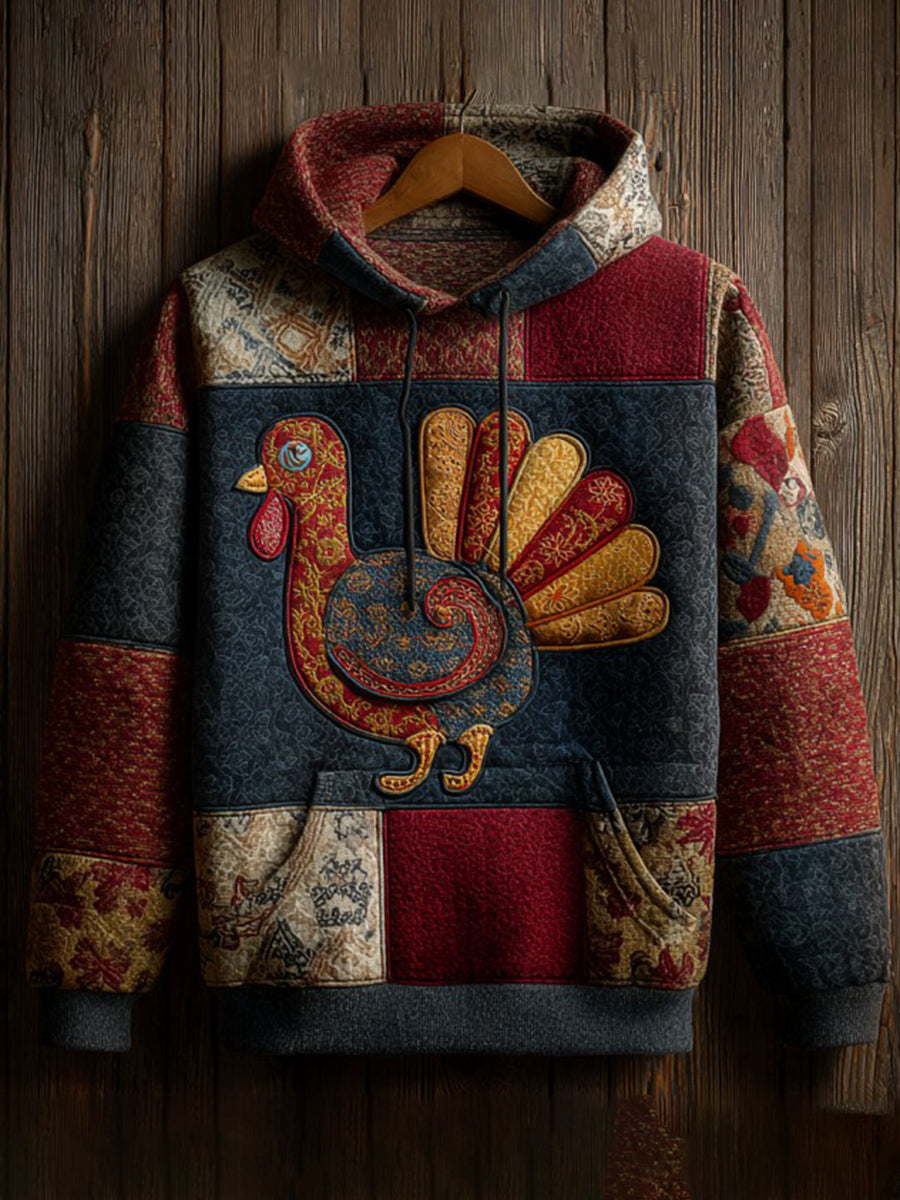 Vintage Thanksgiving Turkey Patchwork Print Art Casual Hoodie