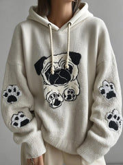 Women’s Cute Pug Embroidery Art Loose Comfortable Knitted Oversized Hooded Sweatshirt As picture / S