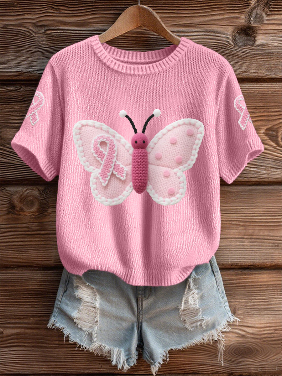 Women's Pink Butterfly Pink Ribbon Breast Cancer Awareness Support Tee