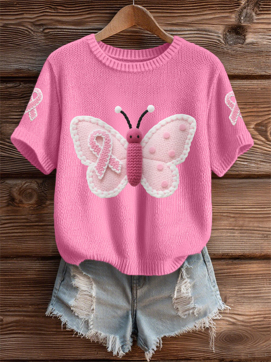 Women's Pink Butterfly Pink Ribbon Breast Cancer Awareness Support Tee