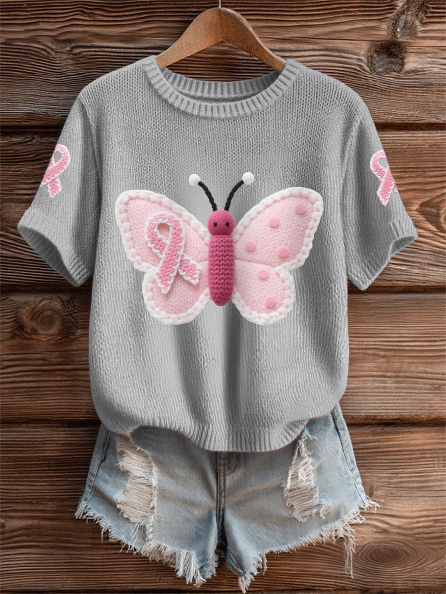 Women's Pink Butterfly Pink Ribbon Breast Cancer Awareness Support Tee