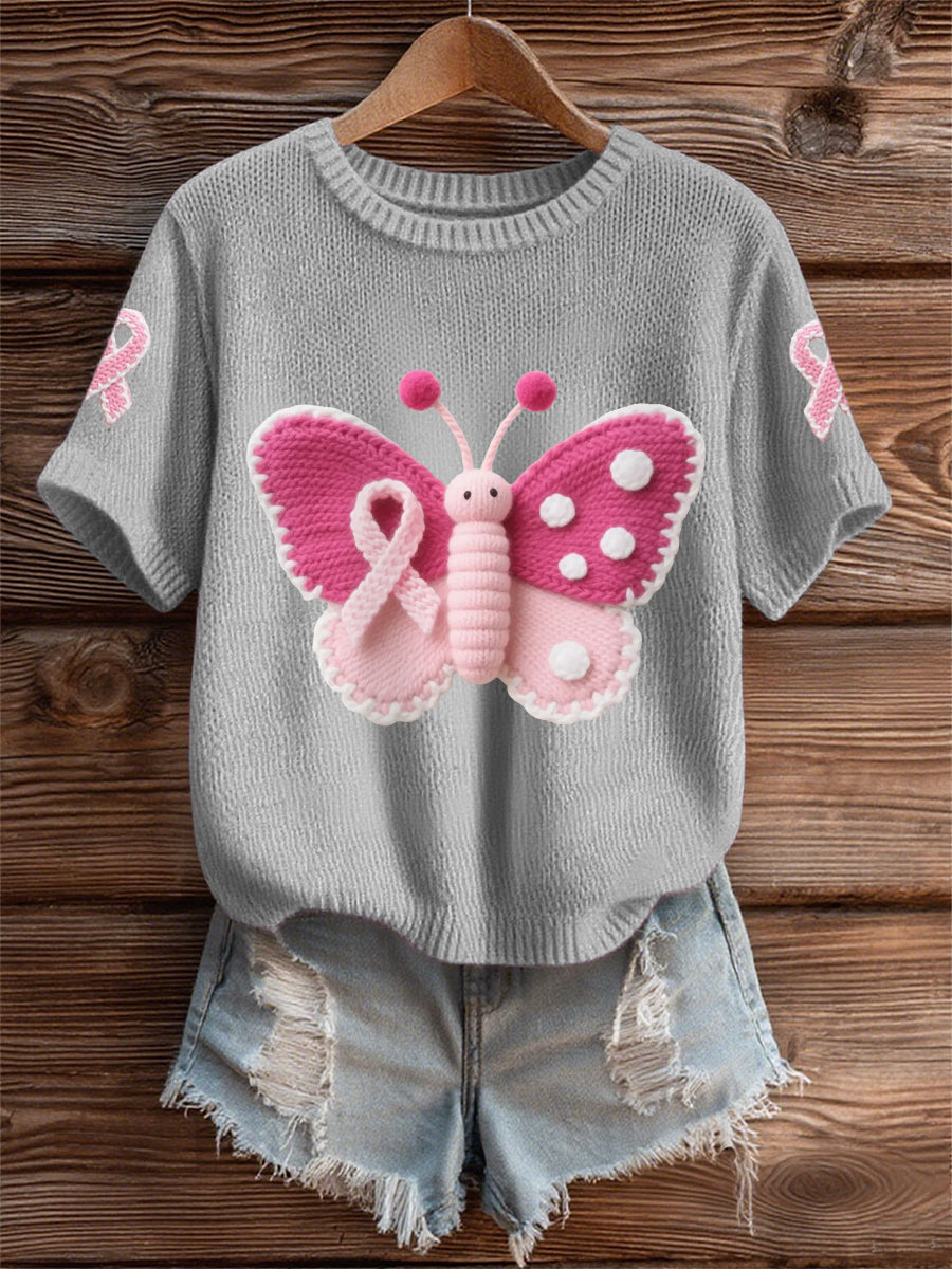 Women's Pink Butterfly Pink Ribbon Breast Cancer Awareness Support Tee