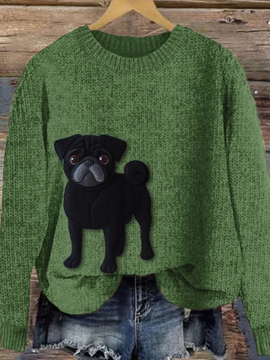 Women’s Lively Pug Dog Felt Art Cozy Knit Sweater Green / S