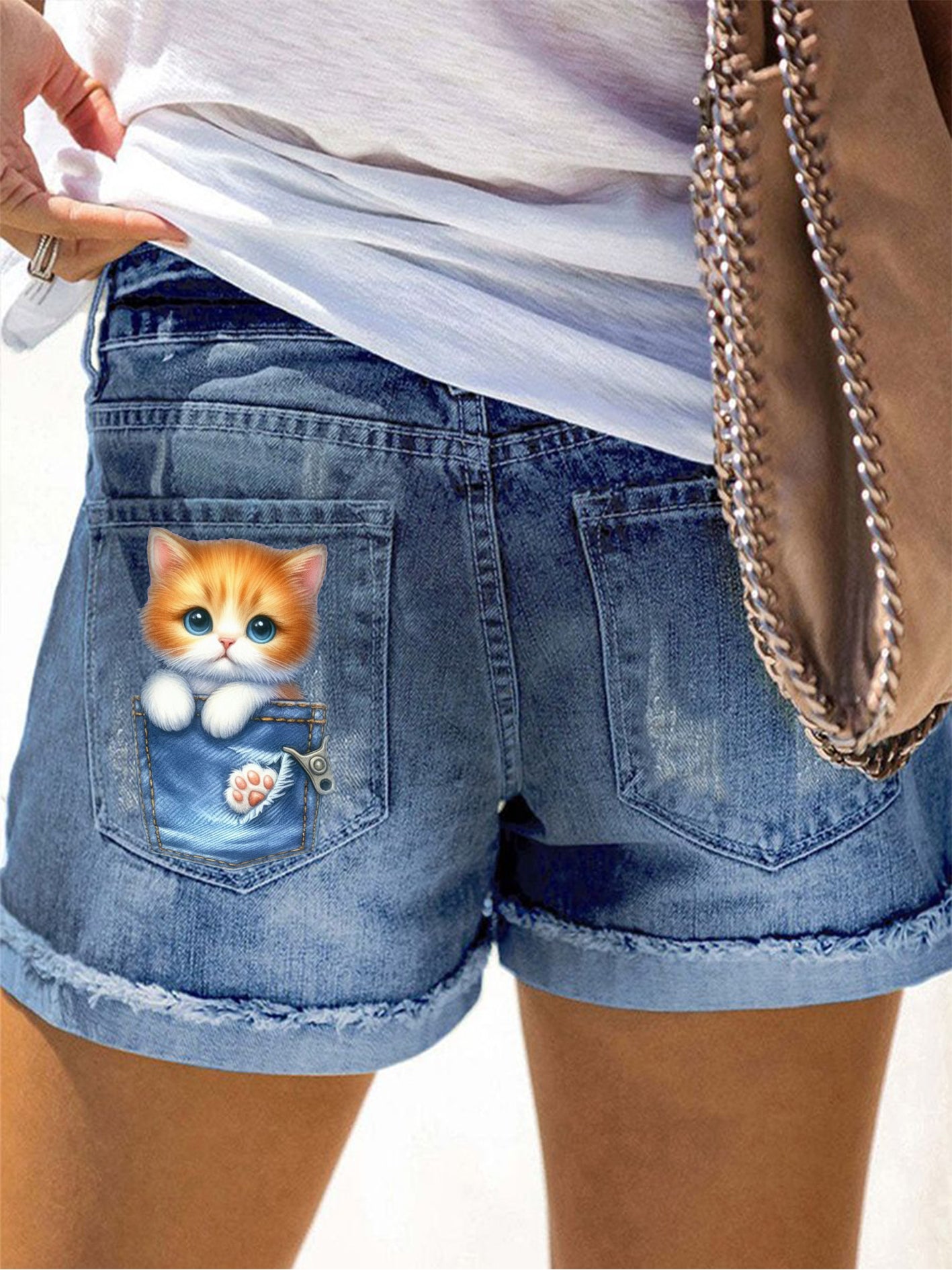 Women's Cartoon Cat Print Denim Shorts
