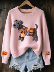 Women’s Halloween Inspired Schnauzer Dog Felt Art Cozy Knit Sweater Pink / S