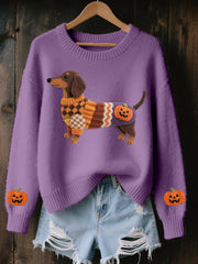 Women’s Halloween Inspired Dachshund Felt Art Cozy Knit Sweater Purple / S