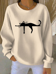 Women’s cutu cat Printed Vintage Casual Loose Long Sleeve Top Creamy-White / S