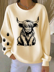 Women’s West Highland Cow Print Crew Neck Long Sleeve Sweats Beige / S