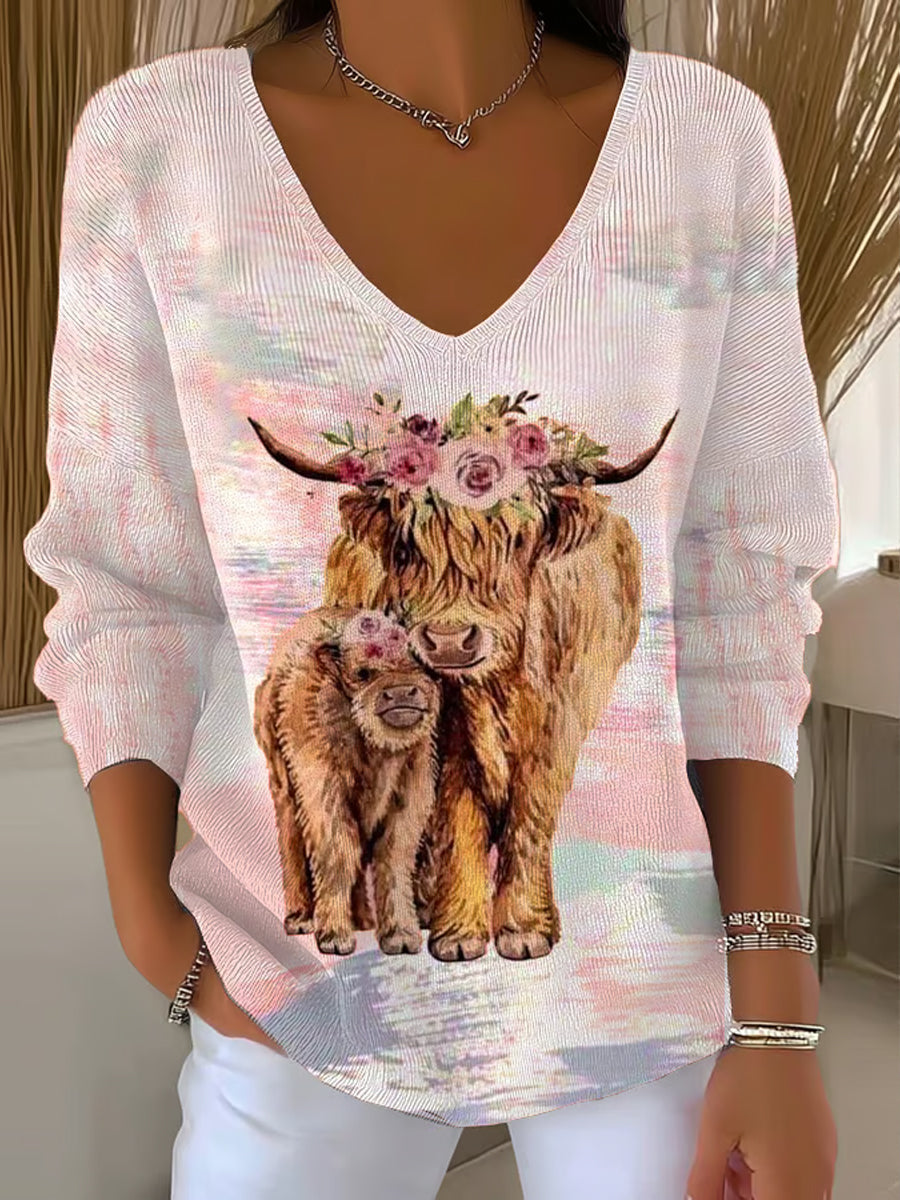 Women’s West Highland Cow Print V-Neck Ribbed Top Pink / S