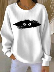 Women’s cutu cat Printed Vintage Casual Loose Long Sleeve Top White / S