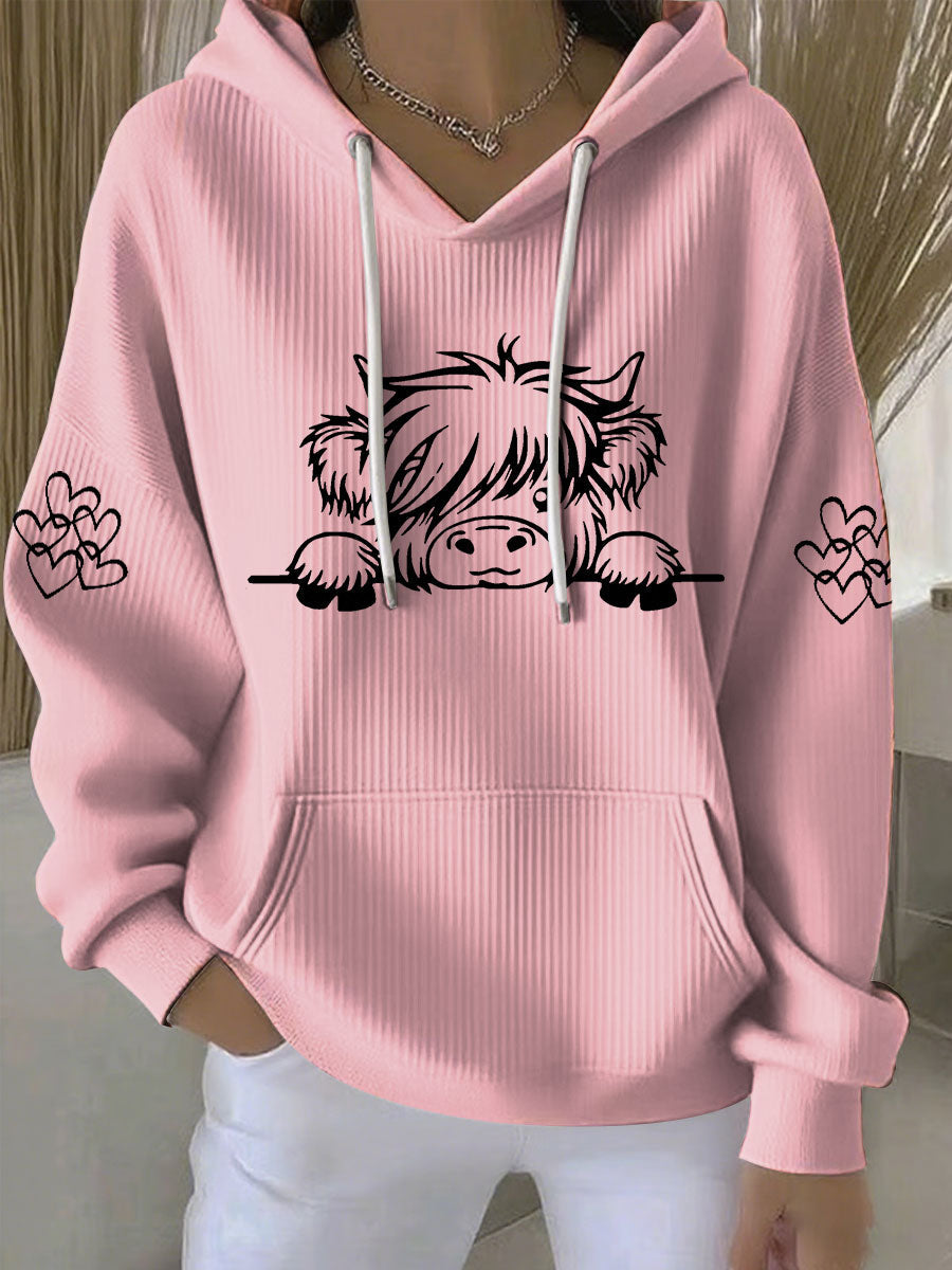 Women’s Highland Cow Print Casual Hoodie Pink / S
