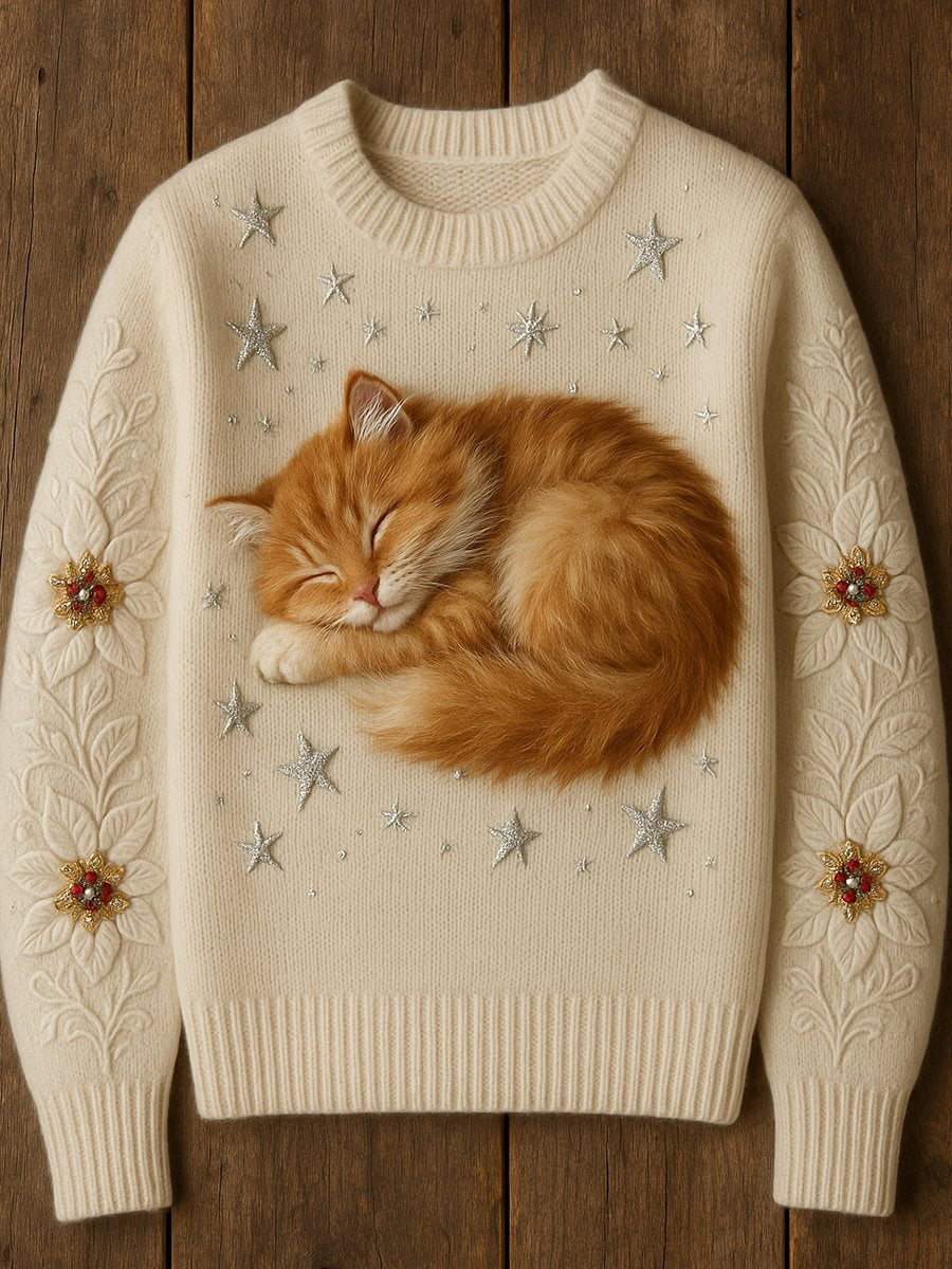 Women’s Cute Cat Art Print Casual Crew Neck Sweater White / S