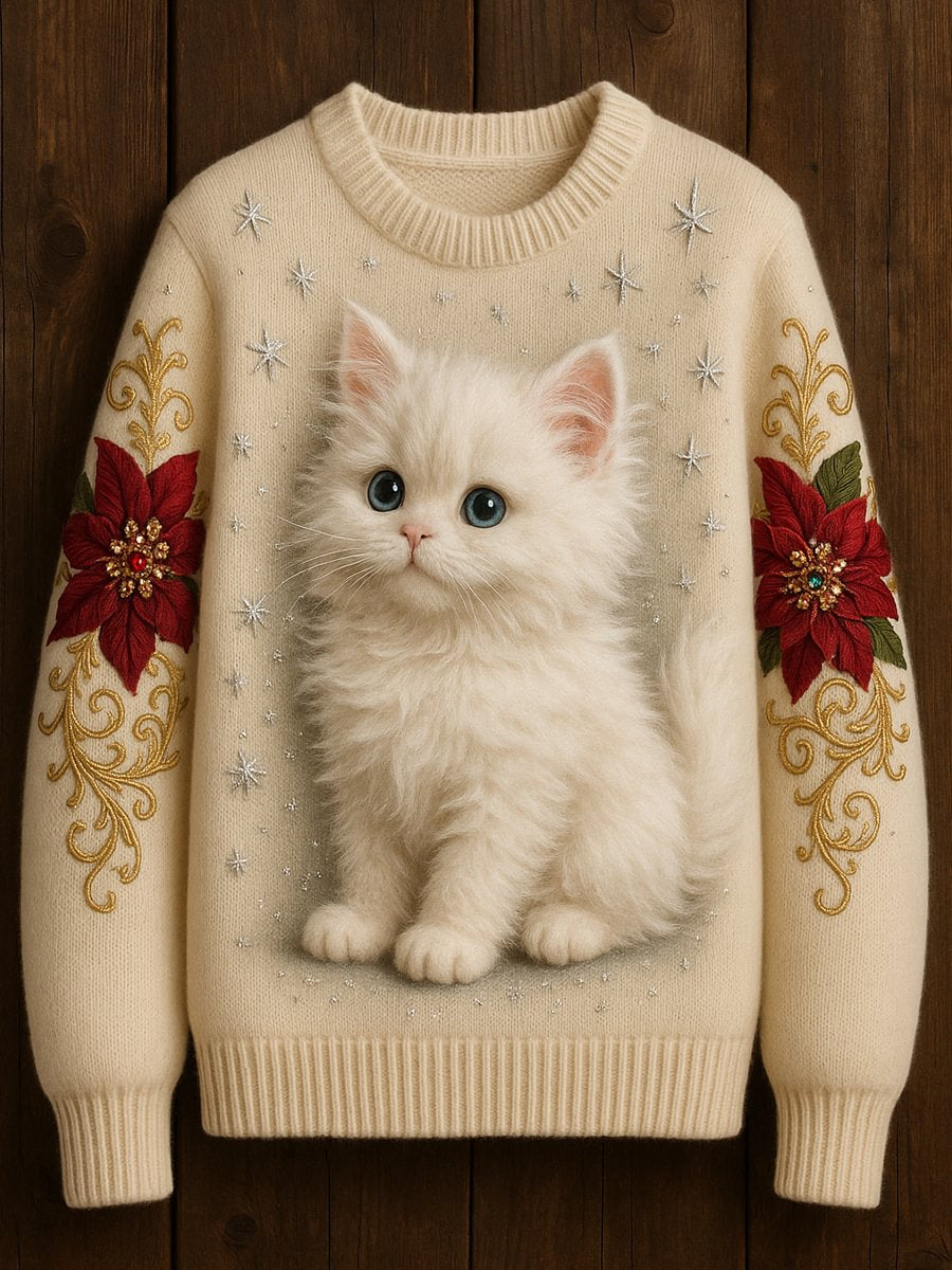 Women’s Cute Cat Art Print Casual Crew Neck Sweater White / S