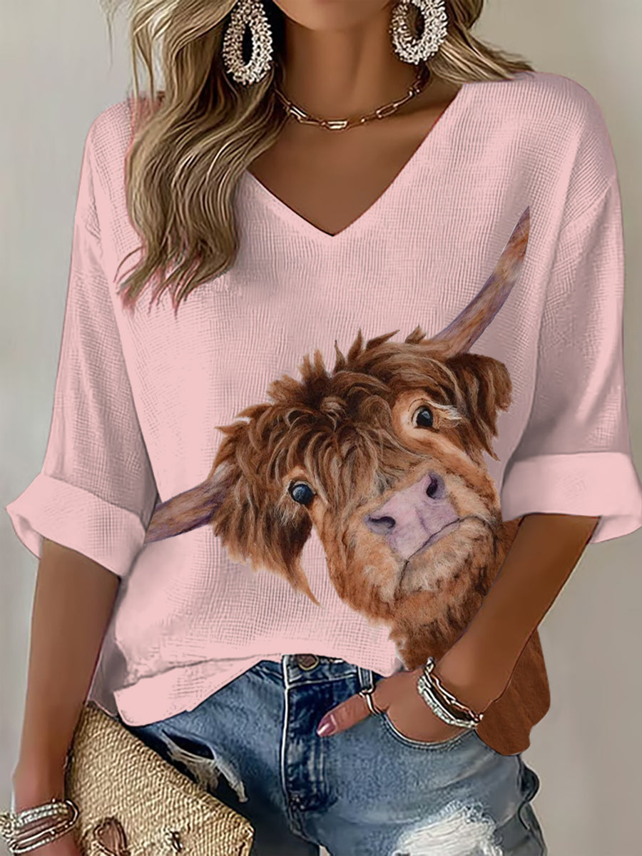 Women's Highland Cow Printed Waffle T-shirt