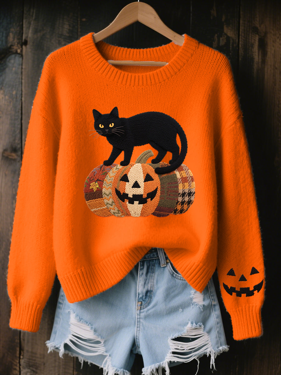 Women's Halloween Black Cat Embroidered Cozy Knit Sweater