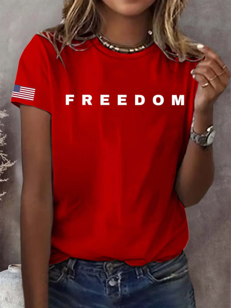 Women's Freedom American Flag Printed Commemorative T-shirt