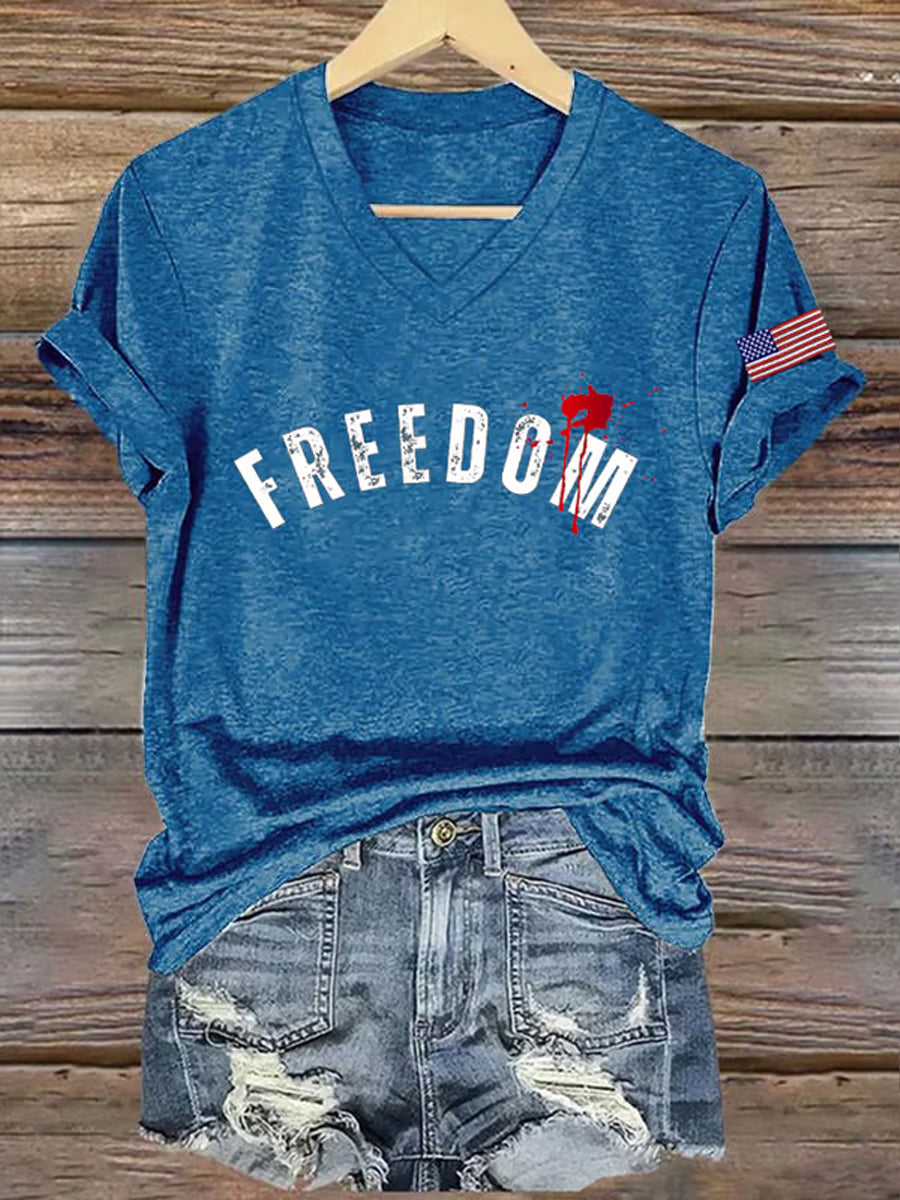 Women's Freedom American Flag Printed Commemorative T-shirt