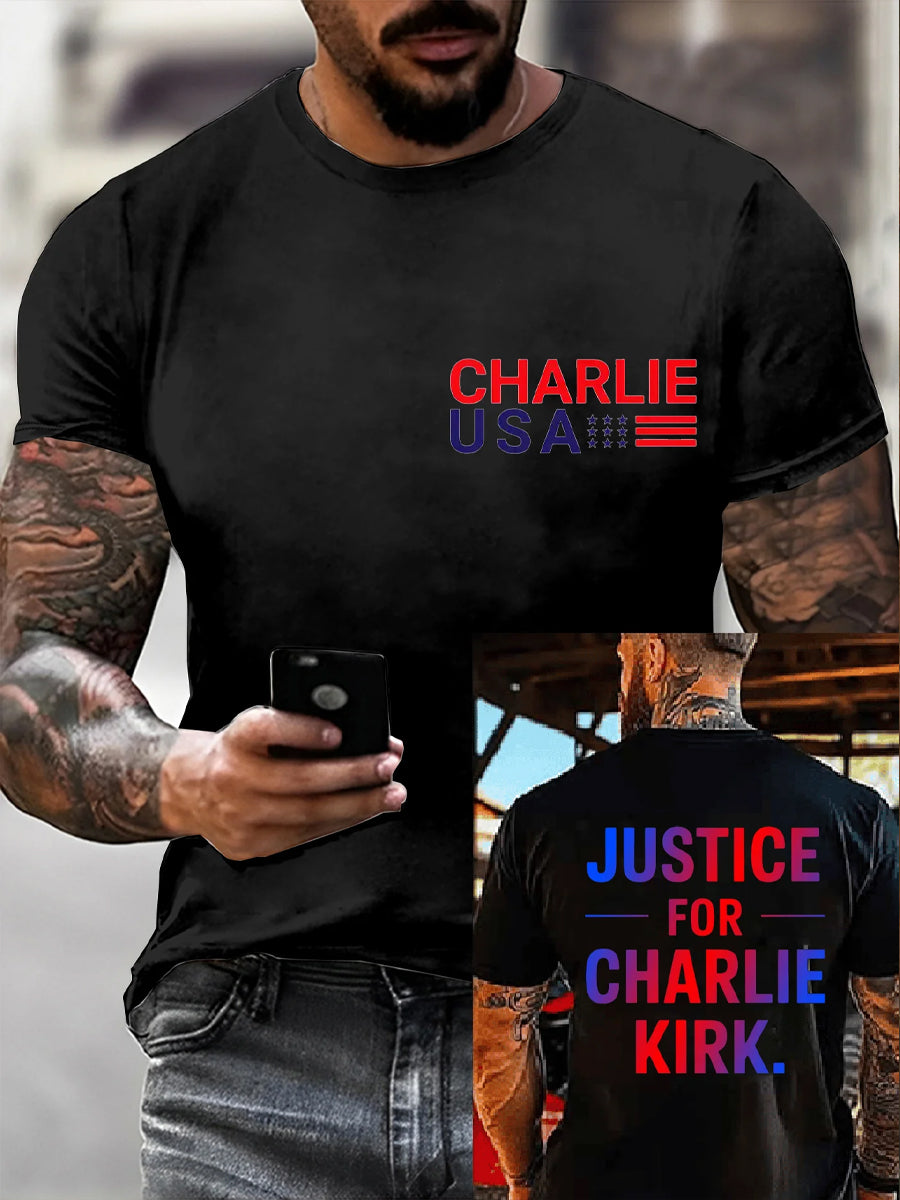Men's Vintage Charlie Kirk American Flag Print Commemorative T-Shirt