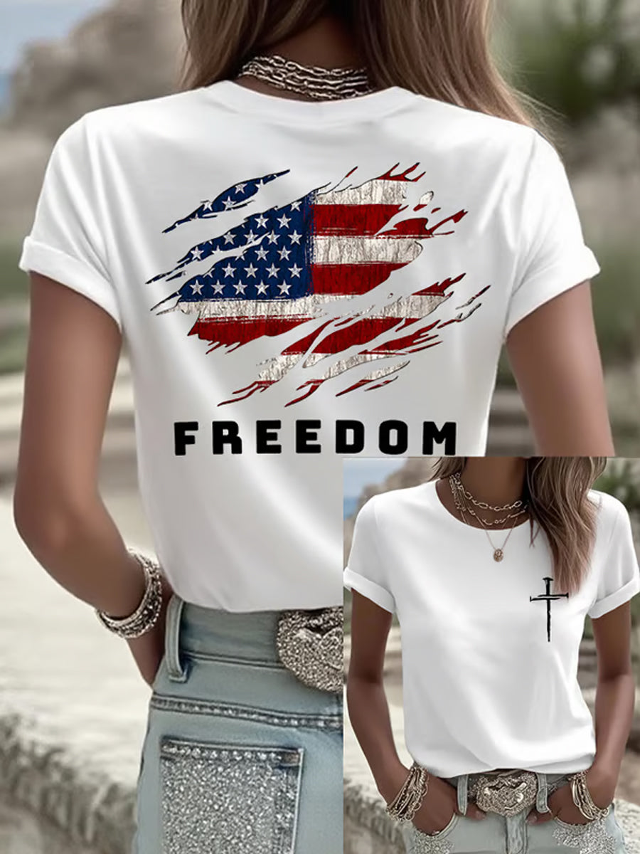 Women's Freedom American Flag Printed Commemorative T-shirt