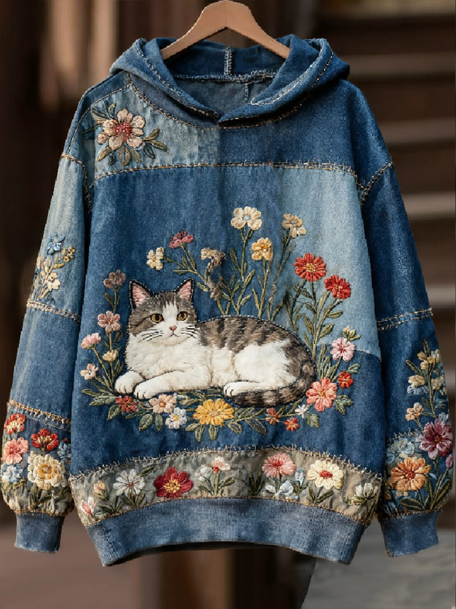 Women’s Casual Patchwork Cat Print Hoodie As picture / S