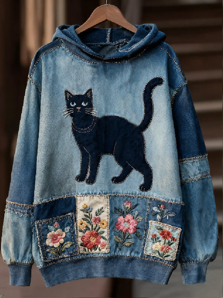 Women’s Casual Patchwork Cat Print Hoodie As picture / S