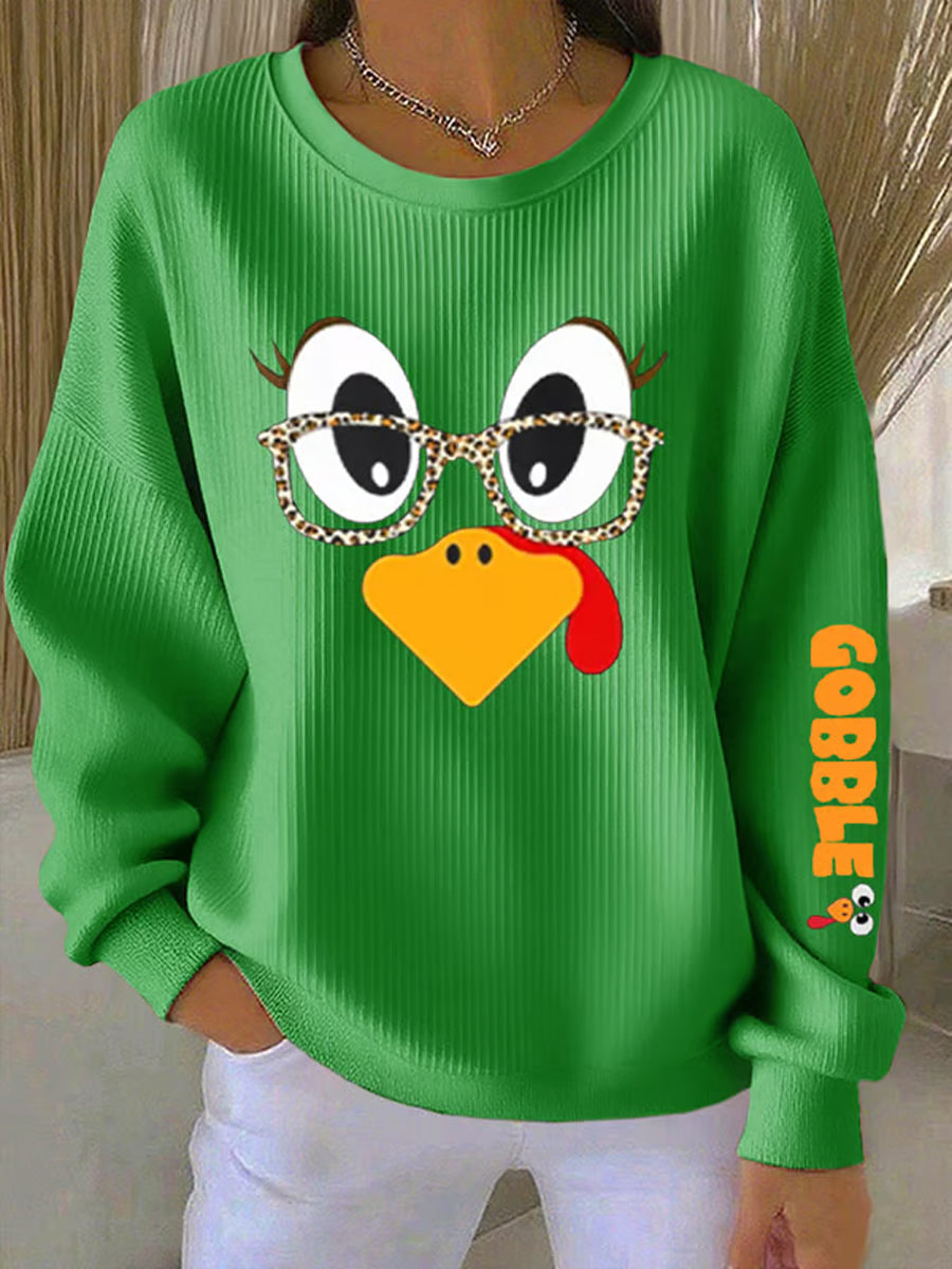 Women's Retro Thanksgiving GOBBLE Print Round Neck Sweatshirt