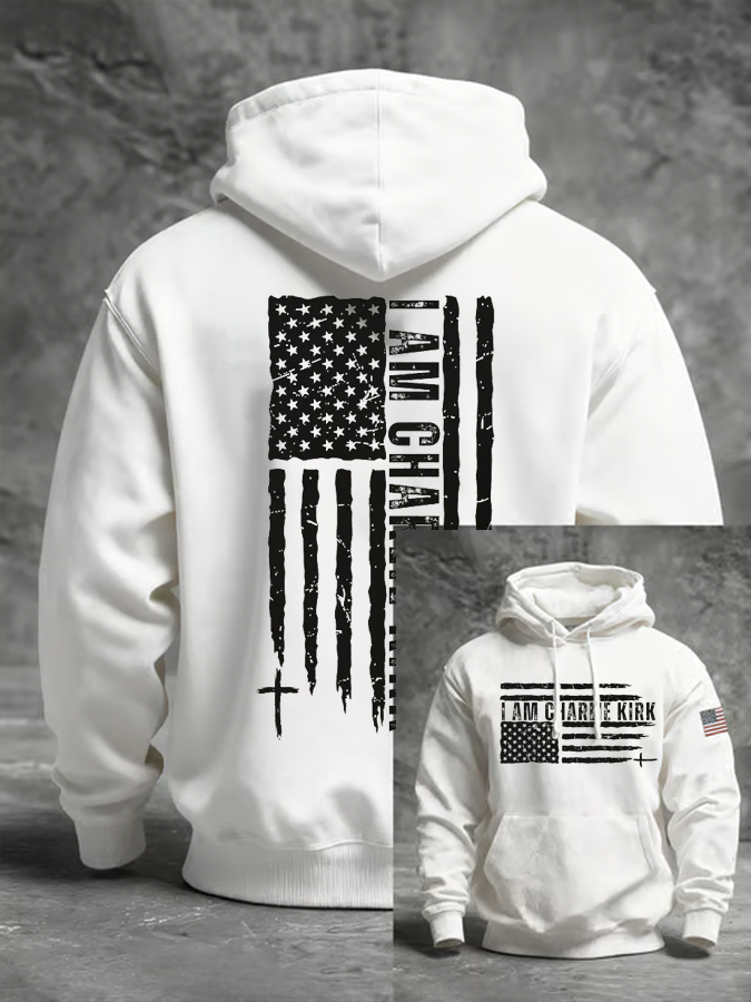 Men's I Am Charlie Kirk Printed Oversized Drop-Shoulder Hoodie with Pockets