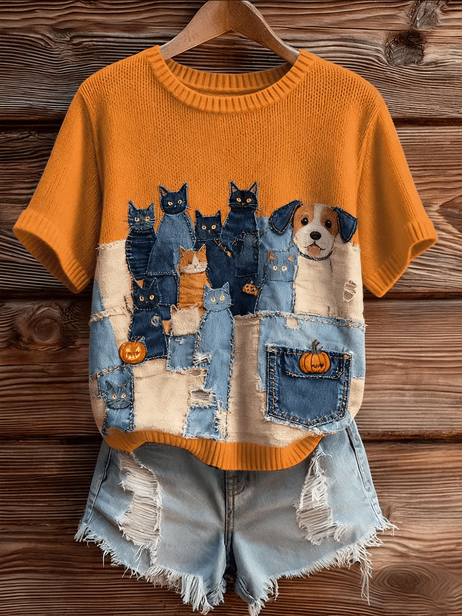 Women’s Cute Stacked Cats And Dogs Short-sleeved T-shirt Orange / S