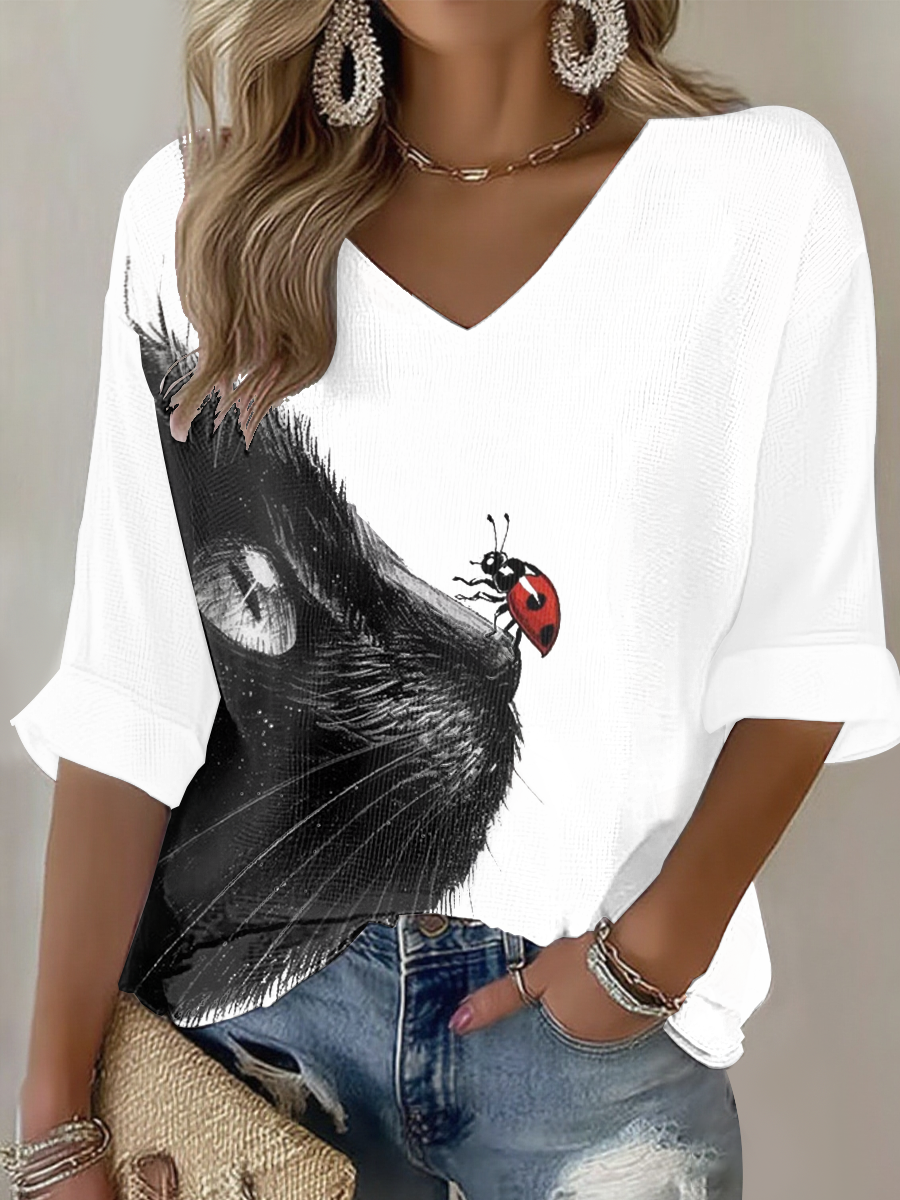Women's cute cat Printed Waffle T-shirt