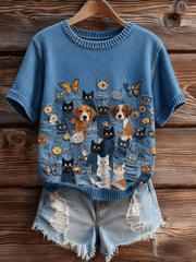 Women’s Cute Stacked Cats And Dogs Short-sleeved T-shirt Blue / S