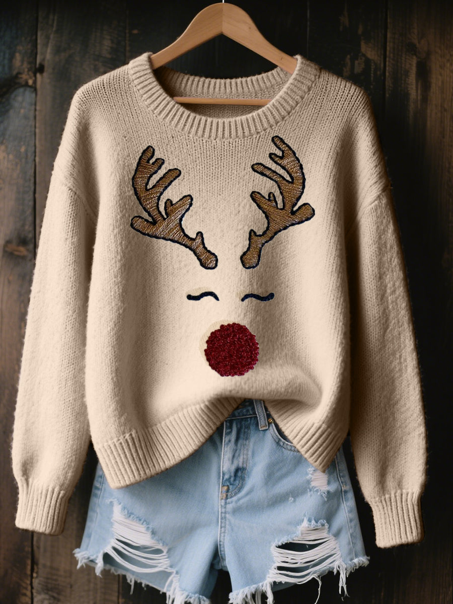 Women’s Cute Reindeer Embroidered Cozy Knit Sweater Apricot / S