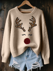 Women’s Cute Reindeer Embroidered Cozy Knit Sweater Apricot / S