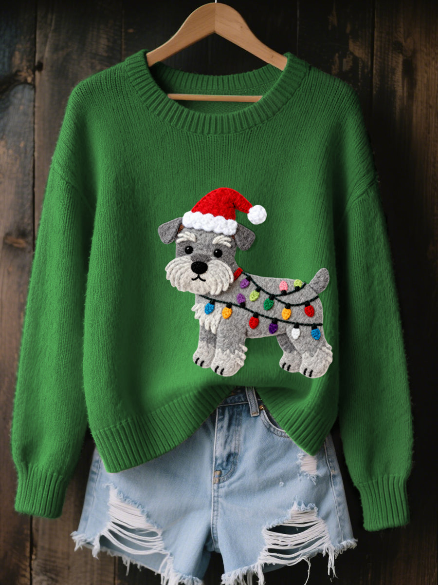 Women’s Christmas Schnauzer Dog Felt Art Cozy Knit Sweater Green / S
