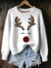 Women’s Cute Reindeer Embroidered Cozy Knit Sweater White / S