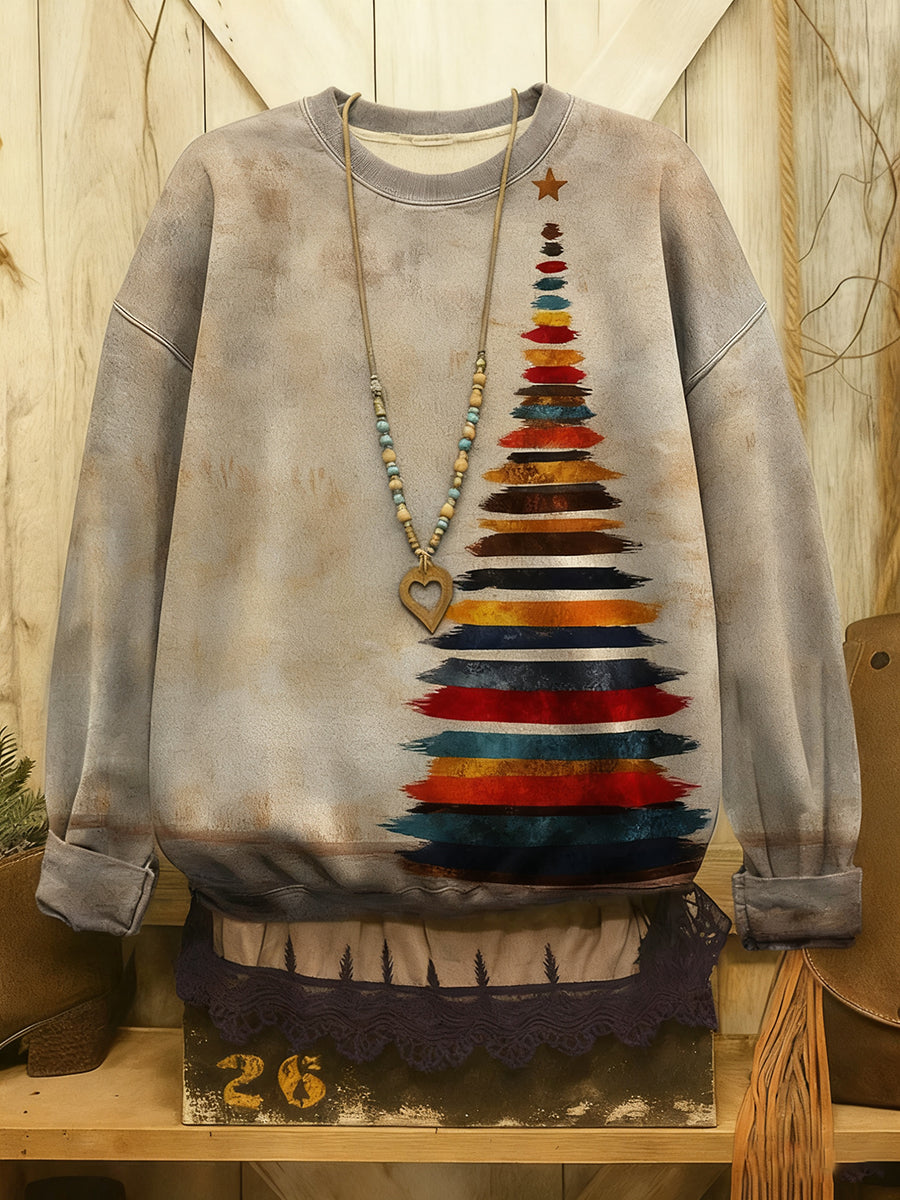 Women's Vintage Christmas Tree Art Print Casual Sweatshirt