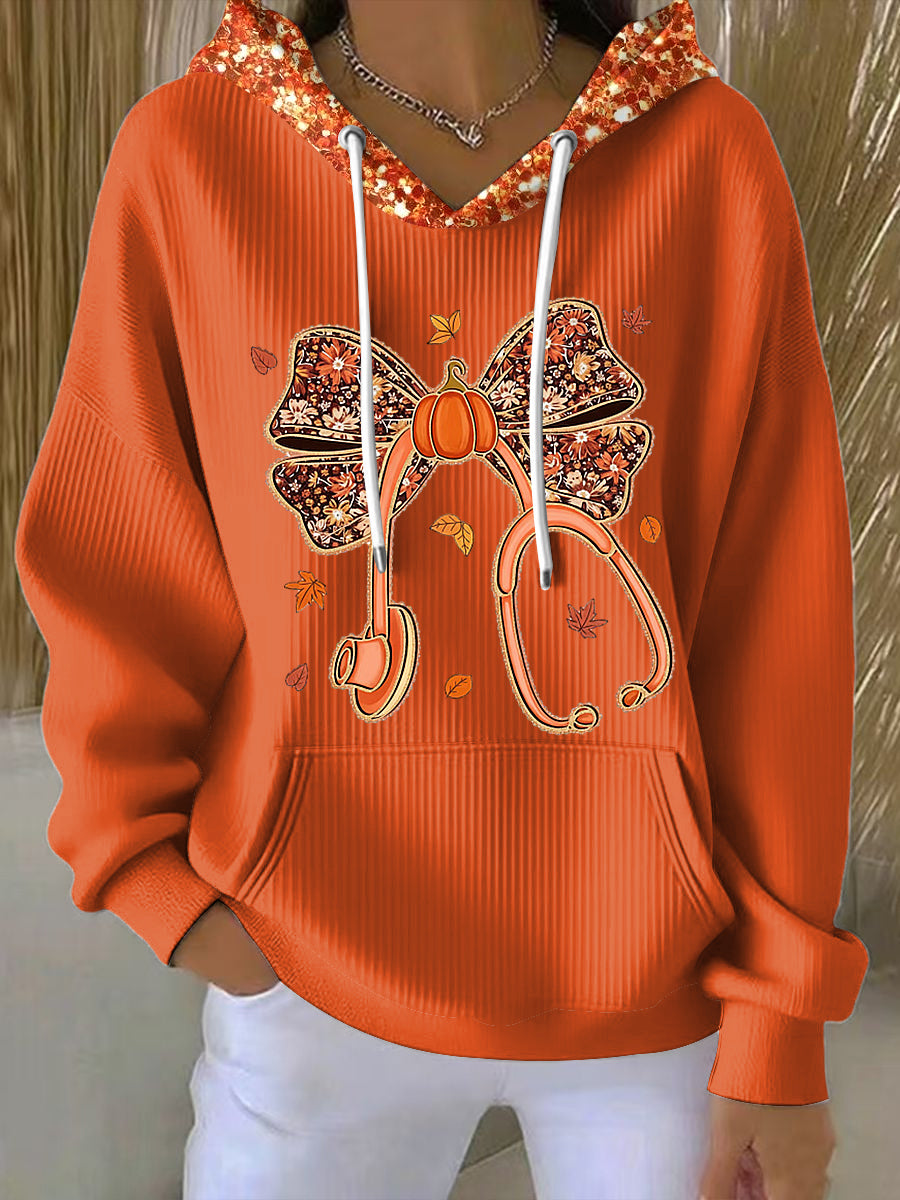 Women's Thanksgiving Bow Sequined Casual Hoodie