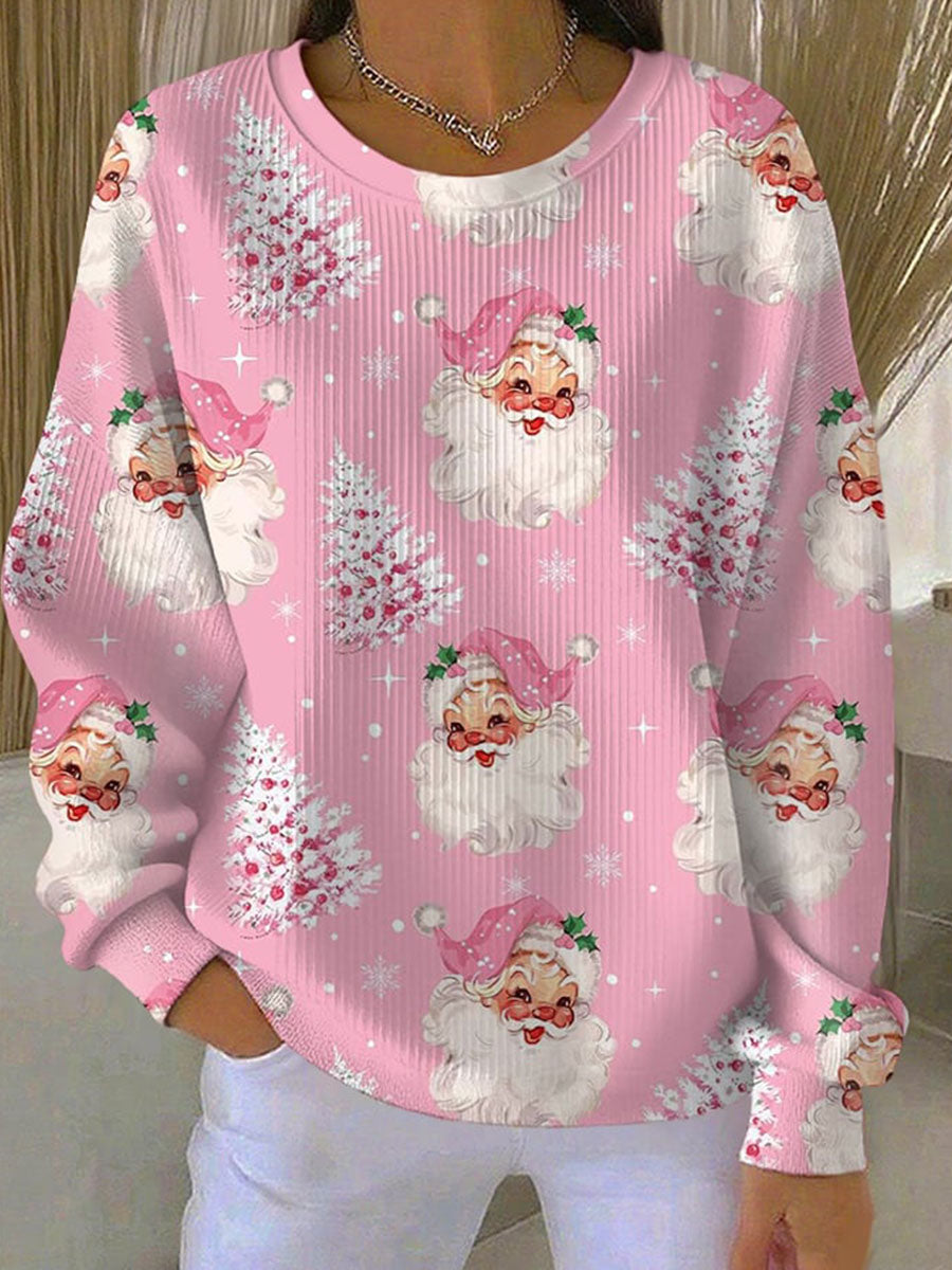 Women’s Christmas Tree Santa Claus Print Ribbed Round-Neck Sweatshirt Pink / S