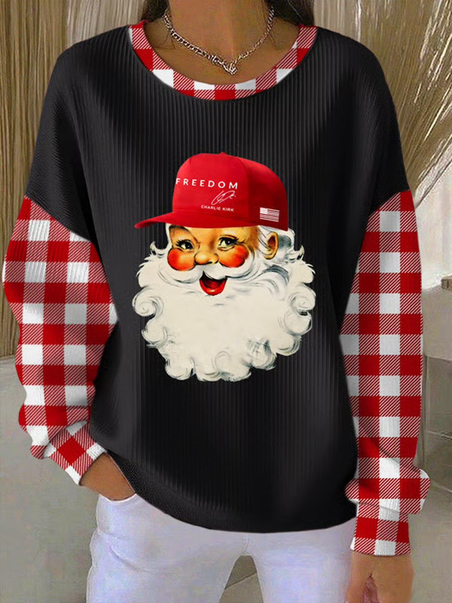 Women’s Christmas Santa Claus Freedom Print Ribbed Round-Neck Sweatshirt Black / S