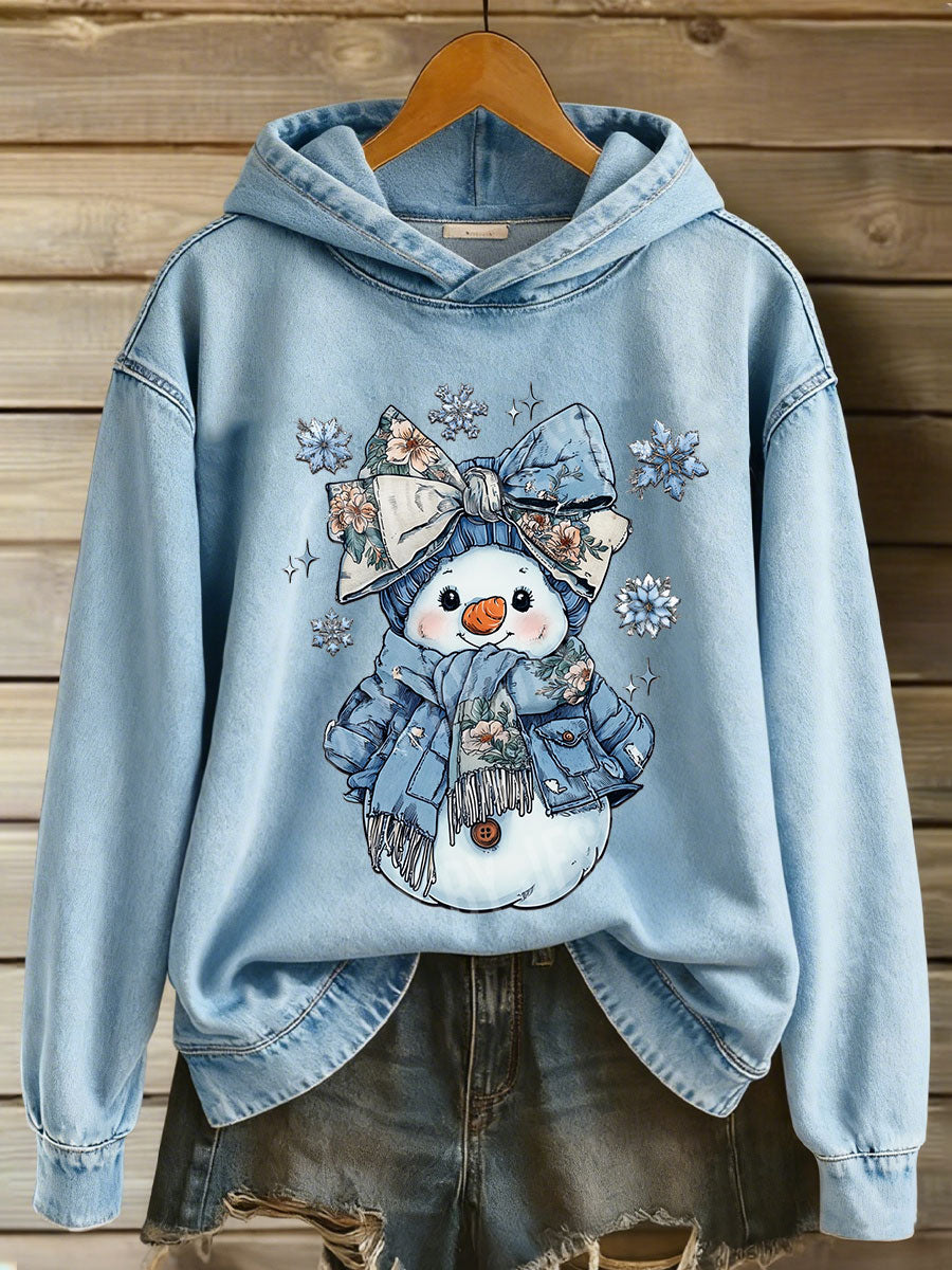 Women’s Christmas Snowman Print Casual Hoodie Light Blue / S