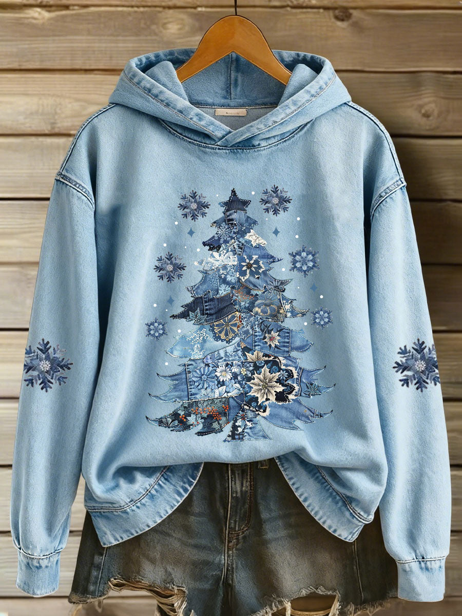 Women’s Christmas Tree Print Casual Hoodie Light Blue / S
