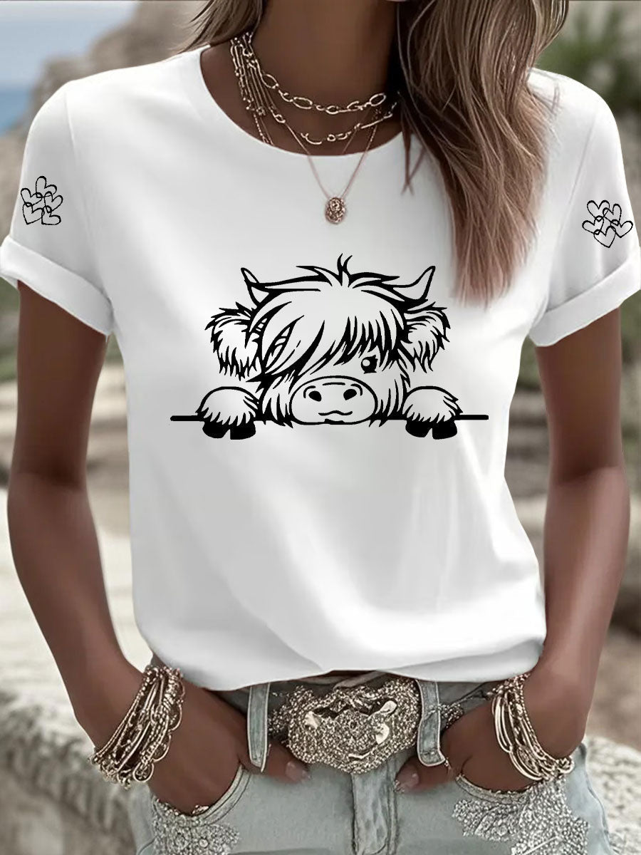 Women’s Highland Cow Print Casual T-shirt White / S