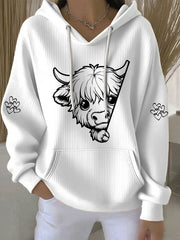 Women’s Highland Cow Print Casual Hoodie White / S